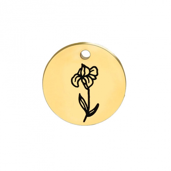 Picture of 304 Stainless Steel Birth Month Flower Charms Gold Plated Black Round February 15mm Dia., 1 Piece