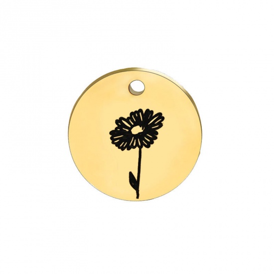 Picture of 304 Stainless Steel Birth Month Flower Charms Gold Plated Black Round April 15mm Dia., 1 Piece