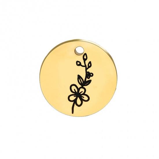Picture of 304 Stainless Steel Birth Month Flower Charms Gold Plated Black Round May 15mm Dia., 1 Piece