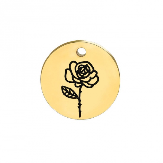 Picture of 304 Stainless Steel Birth Month Flower Charms Gold Plated Black Round June 15mm Dia., 1 Piece
