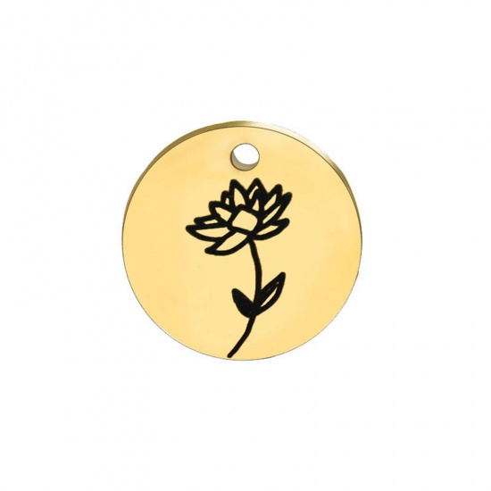 Picture of 304 Stainless Steel Birth Month Flower Charms Gold Plated Black Round July 15mm Dia., 1 Piece