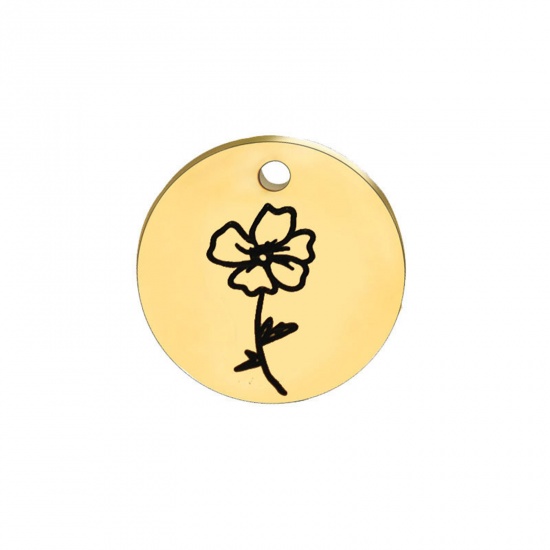 Picture of 304 Stainless Steel Birth Month Flower Charms Gold Plated Black Round August 15mm Dia., 1 Piece