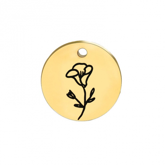 Picture of 304 Stainless Steel Birth Month Flower Charms Gold Plated Black Round September 15mm Dia., 1 Piece