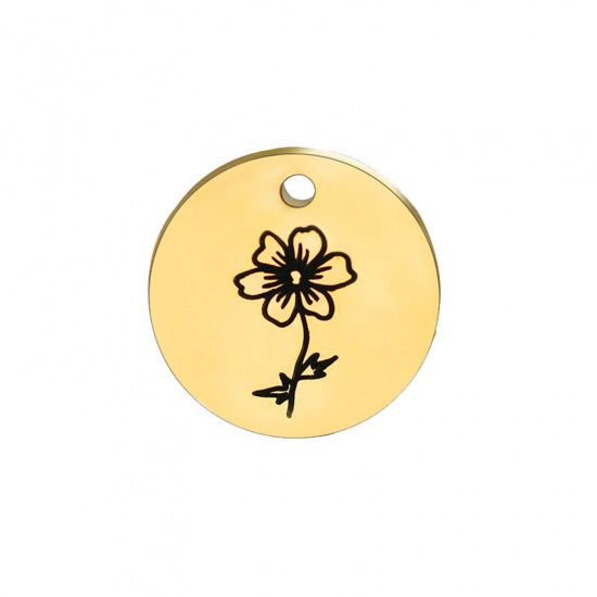 Picture of 304 Stainless Steel Birth Month Flower Charms Gold Plated Black Round October 15mm Dia., 1 Piece