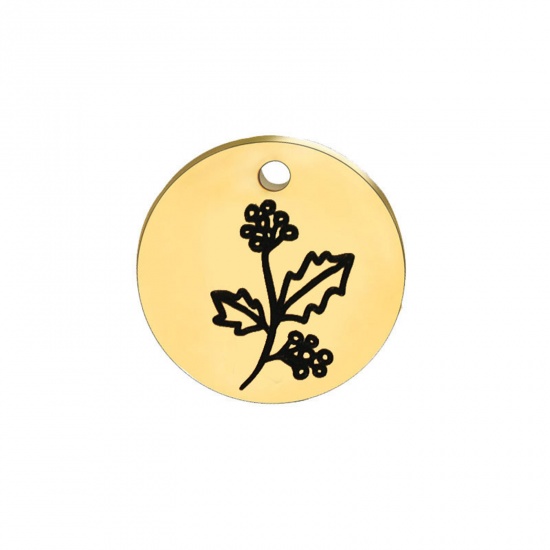 Picture of 304 Stainless Steel Birth Month Flower Charms Gold Plated Black Round December 15mm Dia., 1 Piece
