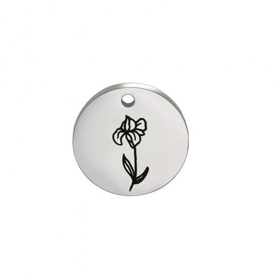 Picture of 304 Stainless Steel Birth Month Flower Charms Silver Tone Black Round February 15mm Dia., 1 Piece