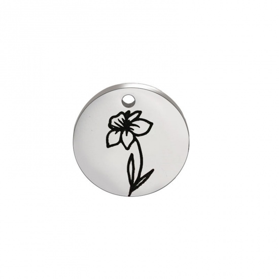 Picture of 304 Stainless Steel Birth Month Flower Charms Silver Tone Black Round March 15mm Dia., 1 Piece