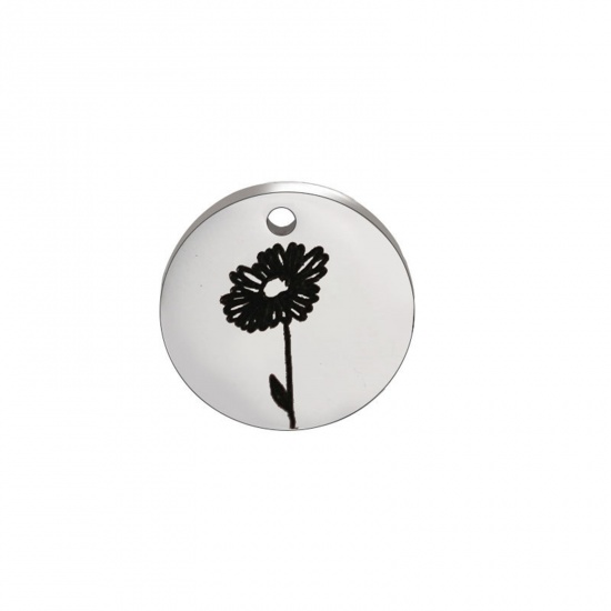 Picture of 304 Stainless Steel Birth Month Flower Charms Silver Tone Black Round April 15mm Dia., 1 Piece