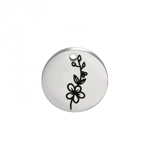 Picture of 304 Stainless Steel Birth Month Flower Charms Silver Tone Black Round May 15mm Dia., 1 Piece