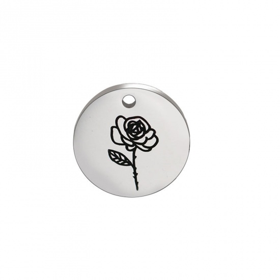 Picture of 304 Stainless Steel Birth Month Flower Charms Silver Tone Black Round June 15mm Dia., 1 Piece