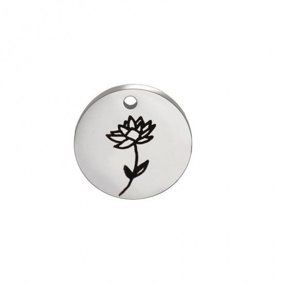 Picture of 304 Stainless Steel Birth Month Flower Charms Silver Tone Black Round July 15mm Dia., 1 Piece
