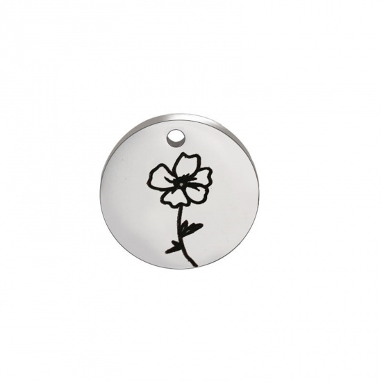 Picture of 304 Stainless Steel Birth Month Flower Charms Silver Tone Black Round August 15mm Dia., 1 Piece