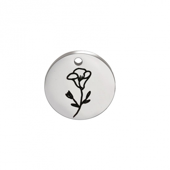 Picture of 304 Stainless Steel Birth Month Flower Charms Silver Tone Black Round September 15mm Dia., 1 Piece