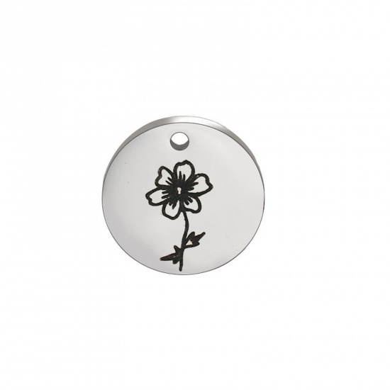 Picture of 304 Stainless Steel Birth Month Flower Charms Silver Tone Black Round October 15mm Dia., 1 Piece