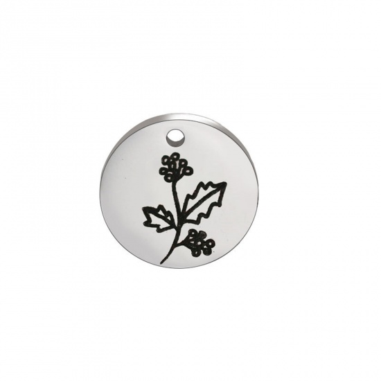 Picture of 304 Stainless Steel Birth Month Flower Charms Silver Tone Black Round December 15mm Dia., 1 Piece
