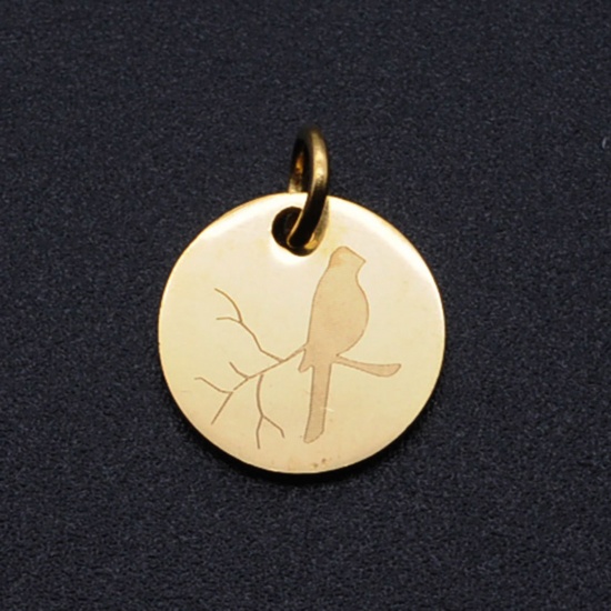 Imagen de 304 Acero Inoxidable Colgantes Charms Ronda Chapado en Oro Pájaro 16mm x 12mm, 2 Unidades