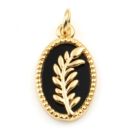 Picture of Copper & Synthetic Stone Charms Gold Plated Black Oval Leaf 21mm x 11mm, 1 Piece