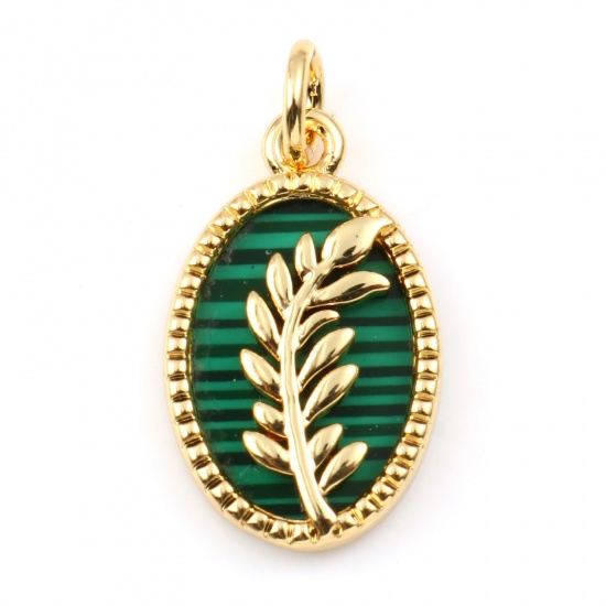 Picture of Copper & Malachite Charms Gold Plated Green Oval Leaf 21mm x 11mm, 1 Piece