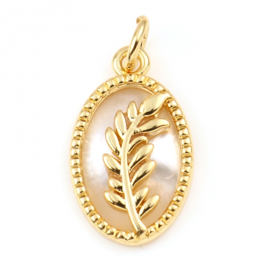 Picture of Copper & Shell Charms Gold Plated White Oval Leaf 21mm x 11mm, 1 Piece