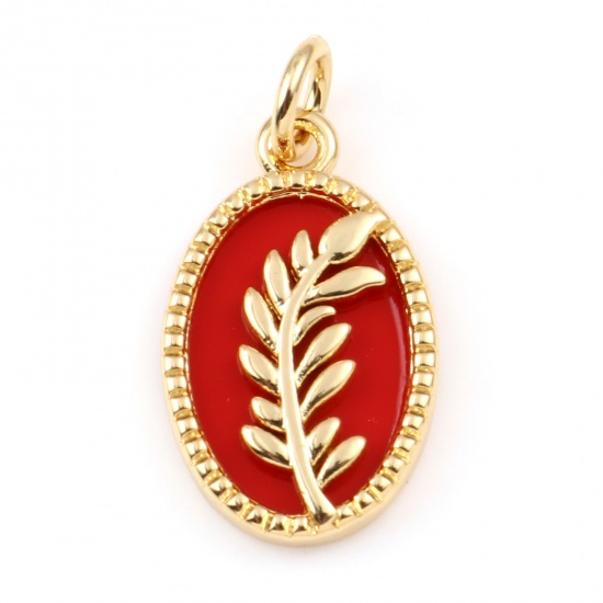 Picture of Copper & Synthetic Stone Charms Gold Plated Red Oval Leaf 21mm x 11mm, 1 Piece