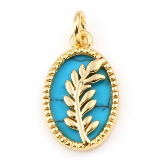 Picture of Copper & Turquoise Charms Gold Plated Blue Oval Leaf 21mm x 11mm, 1 Piece