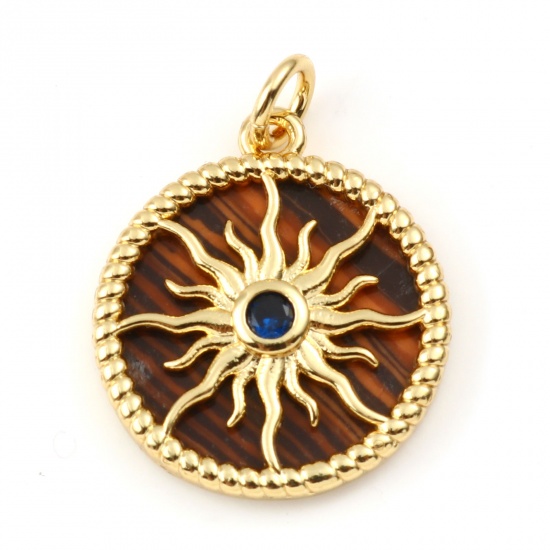 Picture of Copper & Tiger's Eyes Galaxy Charms Gold Plated Brown Round Sun Dark Blue Rhinestone 23mm x 18mm, 1 Piece