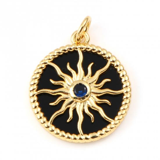 Picture of Copper & Synthetic Stone Galaxy Charms Gold Plated Black Round Sun Dark Blue Rhinestone 23mm x 18mm, 1 Piece