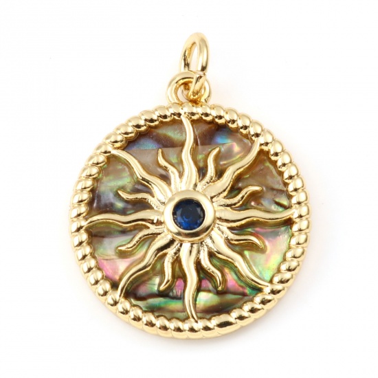 Picture of Copper & Shell Galaxy Charms Gold Plated Round Sun Dark Blue Rhinestone 23mm x 18mm, 1 Piece