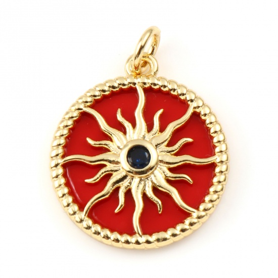 Picture of Copper & Synthetic Stone Galaxy Charms Gold Plated Red Round Sun Dark Blue Rhinestone 23mm x 18mm, 1 Piece