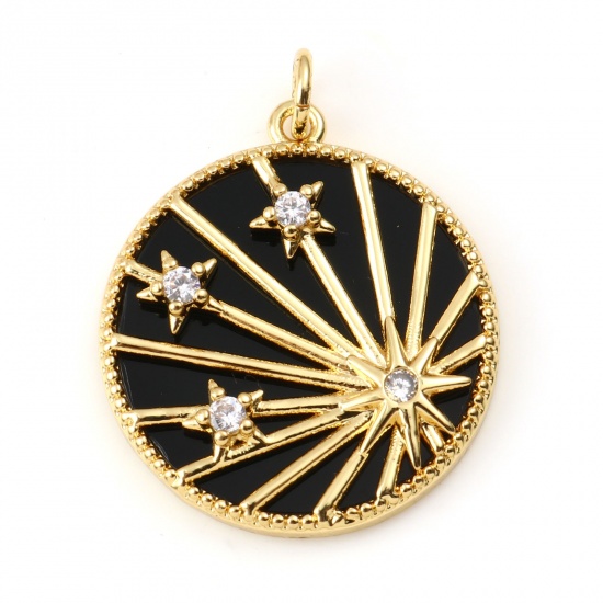 Picture of Copper & Synthetic Stone Galaxy Charms Gold Plated Black Round Star Clear Rhinestone 28mm x 22mm, 1 Piece
