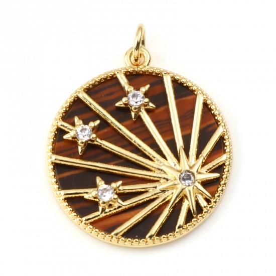 Picture of Copper & Tiger's Eyes Galaxy Charms Gold Plated Brown Round Star Clear Rhinestone 28mm x 22mm, 1 Piece