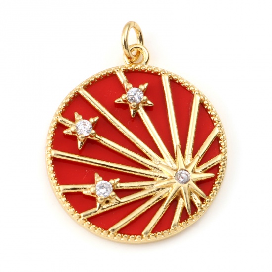 Picture of Copper & Synthetic Stone Galaxy Charms Gold Plated Red Round Star Clear Rhinestone 28mm x 22mm, 1 Piece