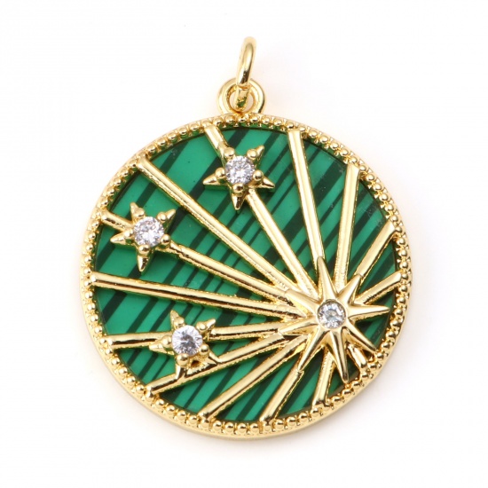 Picture of Copper & Malachite Galaxy Charms Gold Plated Green Round Star Clear Rhinestone 28mm x 22mm, 1 Piece