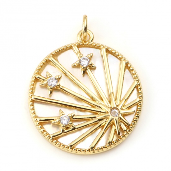 Picture of Copper & Shell Galaxy Charms Gold Plated White Round Star Clear Rhinestone 28mm x 22mm, 1 Piece