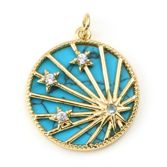 Picture of Copper & Turquoise Galaxy Charms Gold Plated Blue Round Star Clear Rhinestone 28mm x 22mm, 1 Piece