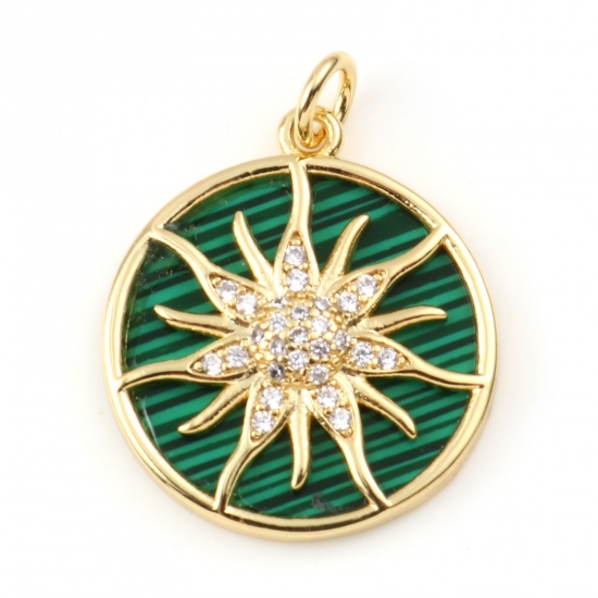 Picture of Copper & Malachite Galaxy Charms Gold Plated Green Round Sun Clear Rhinestone 25mm x 19mm, 1 Piece