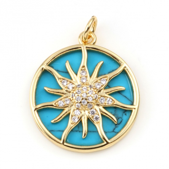 Picture of Copper & Turquoise Galaxy Charms Gold Plated Blue Round Sun Clear Rhinestone 25mm x 19mm, 1 Piece