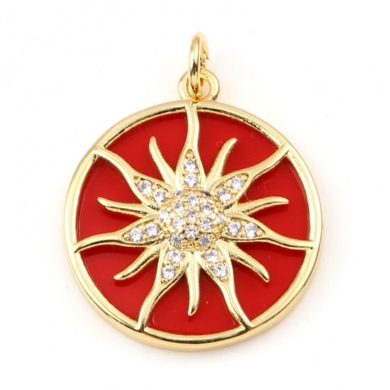 Picture of Copper & Synthetic Stone Galaxy Charms Gold Plated Red Round Sun Clear Rhinestone 25mm x 19mm, 1 Piece
