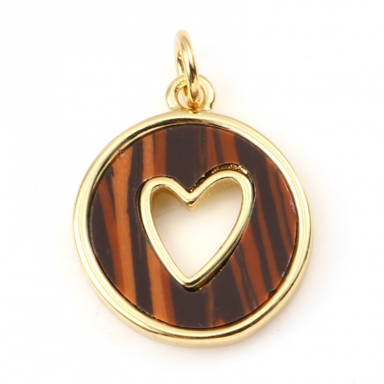 Picture of Copper & Tiger's Eyes Valentine's Day Charms Gold Plated Brown Round Heart Hollow 21mm x 15mm, 1 Piece