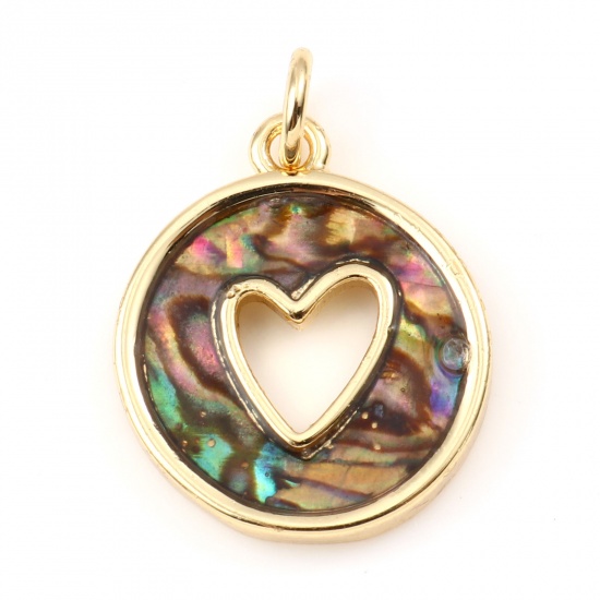 Picture of Copper & Shell Valentine's Day Charms Gold Plated Multicolor Round Heart Hollow 21mm x 15mm, 1 Piece