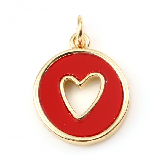 Picture of Copper & Synthetic Stone Valentine's Day Charms Gold Plated Red Round Heart Hollow 21mm x 15mm, 1 Piece