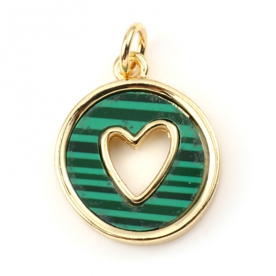 Picture of Copper & Malachite Valentine's Day Charms Gold Plated Green Round Heart Hollow 21mm x 15mm, 1 Piece