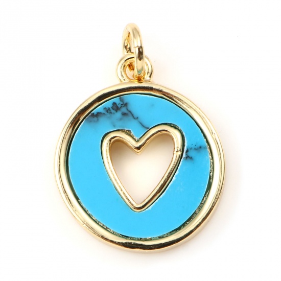Picture of Copper & Turquoise Valentine's Day Charms Gold Plated Blue Round Heart Hollow 21mm x 15mm, 1 Piece
