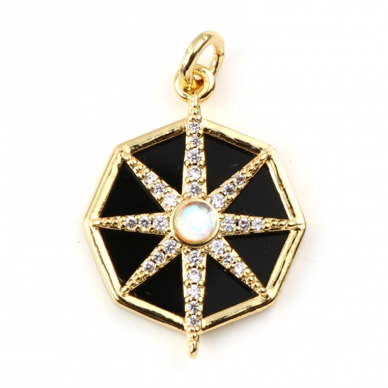 Picture of Copper & Synthetic Stone Galaxy Charms Gold Plated Black Octagon Star Clear Rhinestone 28mm x 18mm, 1 Piece