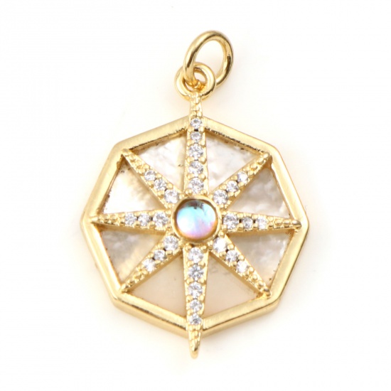 Picture of Copper & Shell Galaxy Charms Gold Plated White Octagon Star Clear Rhinestone 28mm x 18mm, 1 Piece