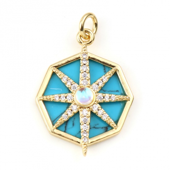 Picture of Copper & Turquoise Galaxy Charms Gold Plated Blue Octagon Star Clear Rhinestone 28mm x 18mm, 1 Piece