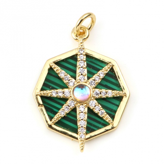 Picture of Copper & Malachite Galaxy Charms Gold Plated Green Octagon Star Clear Rhinestone 28mm x 18mm, 1 Piece