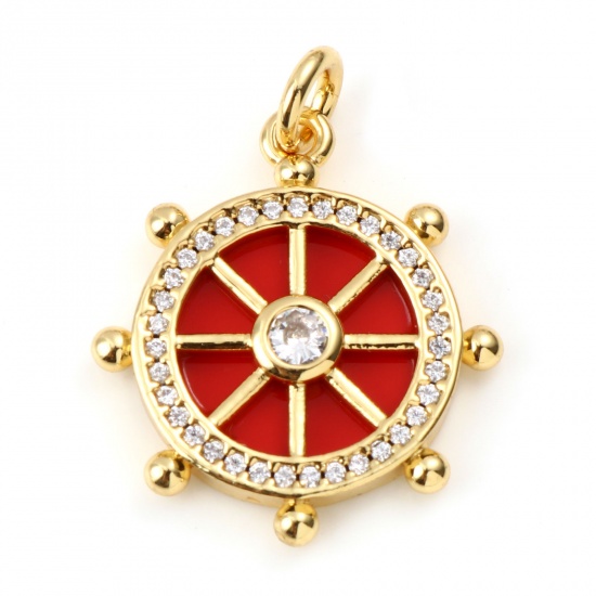 Picture of Copper & Synthetic Stone Micro Pave Charms Gold Plated Red Round Ship Helm Clear Rhinestone 24mm x 19mm, 1 Piece
