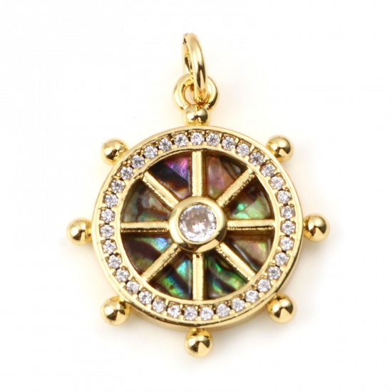 Picture of Copper & Shell Micro Pave Charms Gold Plated Multicolor Round Ship Helm Clear Rhinestone 24mm x 19mm, 1 Piece