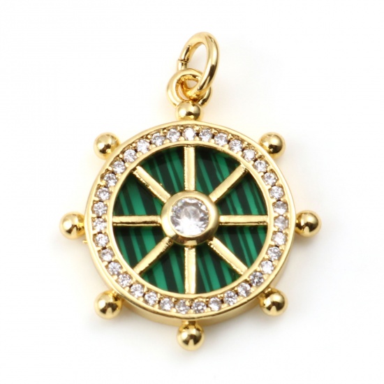 Picture of Copper & Malachite Micro Pave Charms Gold Plated Green Round Ship Helm Clear Rhinestone 24mm x 19mm, 1 Piece